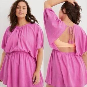 Aerie Golden Hour Cover Up Dress Womens XXL Pink Gauzy Open Back Puff Sleeve
